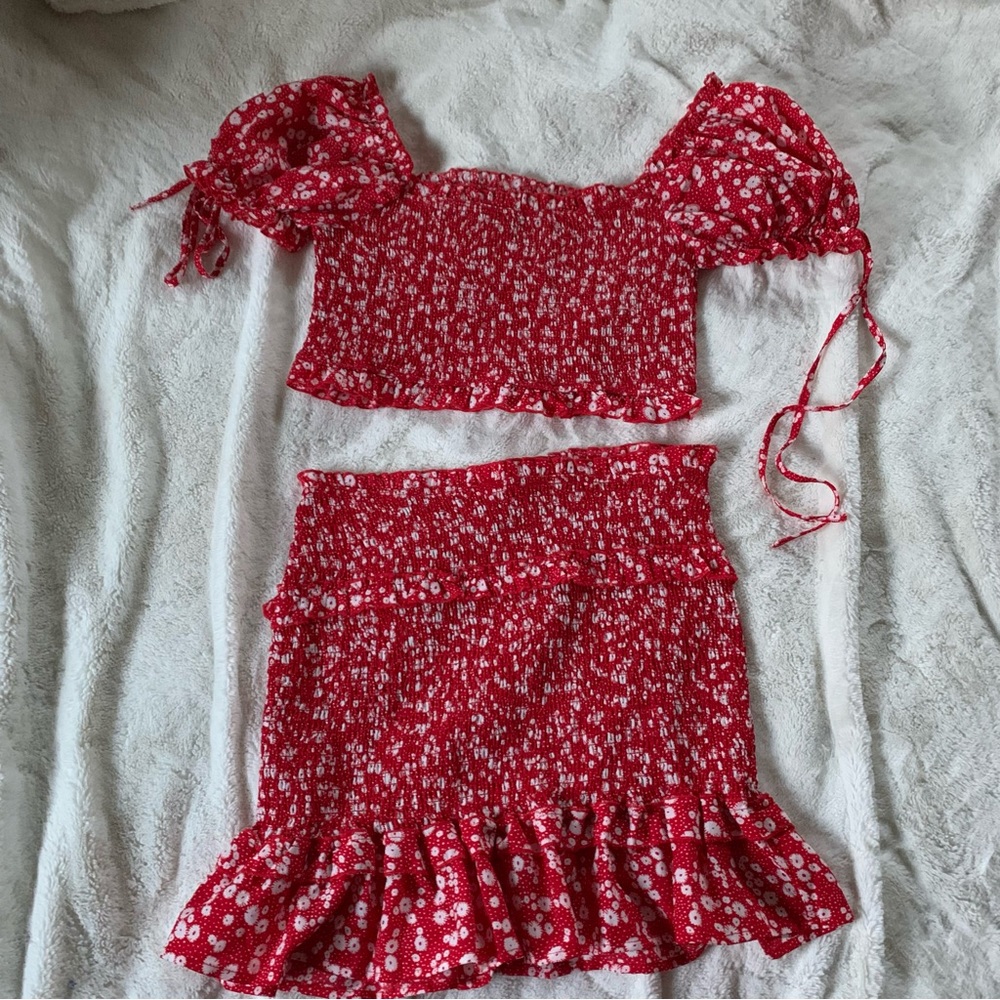 Red and white floral two piece set